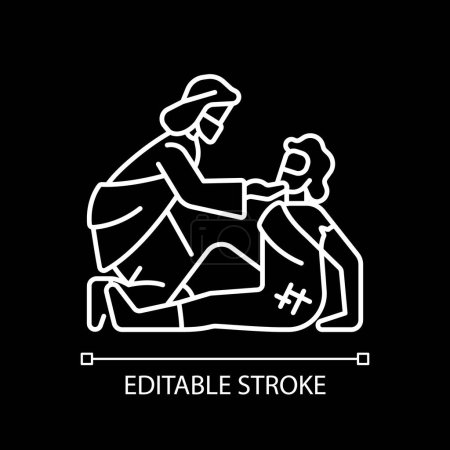 Illustration for Good samaritan white linear icon for dark theme. Parable told by Jesus Christ. Samaritan helps injured traveler. Isolated vector illustration. Simple filled line drawing. Editable stroke - Royalty Free Image