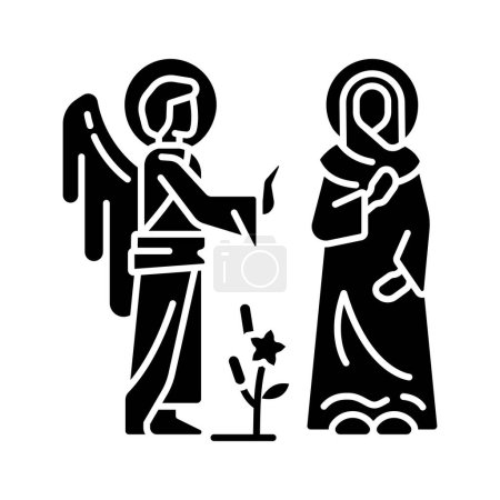 Illustration for Annunciation black glyph icon. Virgin Mary with Angel Gabriel. Mary becomes mother of Jesus Christ. Biblical scene. Silhouette symbol on white space. Solid pictogram. Vector isolated illustration - Royalty Free Image