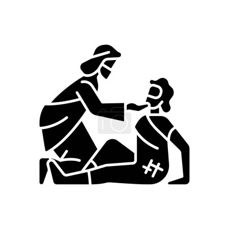 Illustration for Good samaritan black glyph icon. Parable told by Jesus Christ. Samaritan helps injured traveler. Human salvation. Silhouette symbol on white space. Solid pictogram. Vector isolated illustration - Royalty Free Image