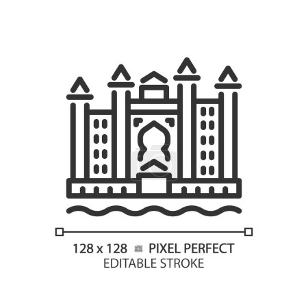 Illustration for Dubai resort complex linear icon. Skyscrapers luxury tourism. Magnificent royal landmark. Uae hotel seaside. Thin line illustration. Contour symbol. Vector outline drawing. Editable stroke - Royalty Free Image