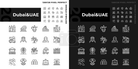 Ilustración de Dubai arquitectura moderna de la ciudad iconos lineales establecidos para el modo oscuro y ligero. Viaje de vacaciones, resort. Variedad de actividades. Símbolos de línea delgada para la noche, tema del día. Ilustraciones aisladas. Carrera editable - Imagen libre de derechos
