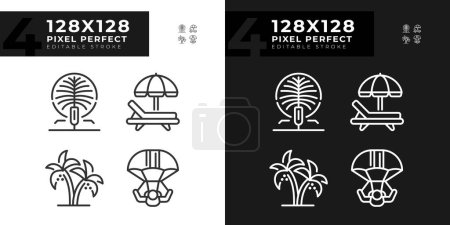 Illustration for Luxury resort vacation linear icons set for dark, light mode. Artificial island. Variety of outdoor activities. Thin line symbols for night, day theme. Isolated illustrations. Editable stroke - Royalty Free Image