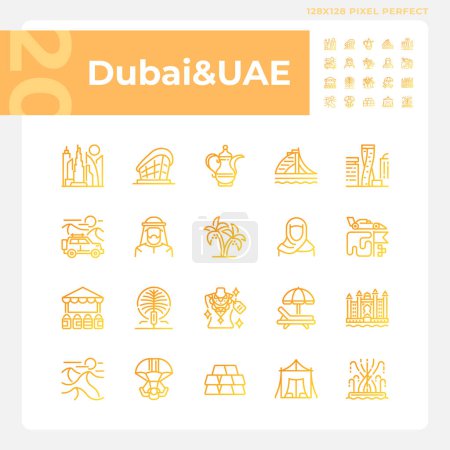 Ilustración de Dubai arquitectura moderna ciudad gradiente vector lineal iconos conjunto. Viaje de vacaciones, resort. Variedad de actividades. Thin line contour symbol designs bundle. Esquema aislado ilustraciones colección - Imagen libre de derechos