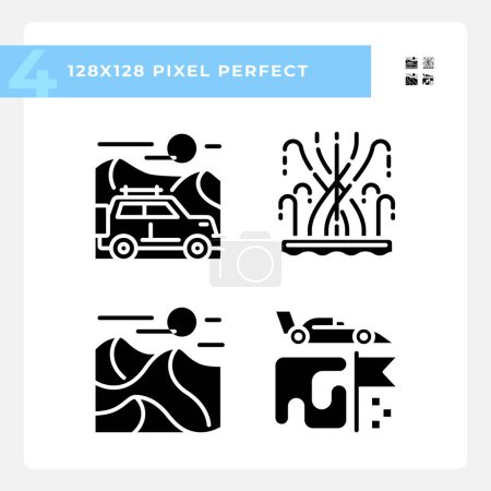 Illustration for Sightseeing Dubai tourism black glyph icons set on white space. Jeep trip. Dune bashing safari. formula one grand prix racing. Silhouette symbols. Solid pictogram pack. Vector isolated illustration - Royalty Free Image