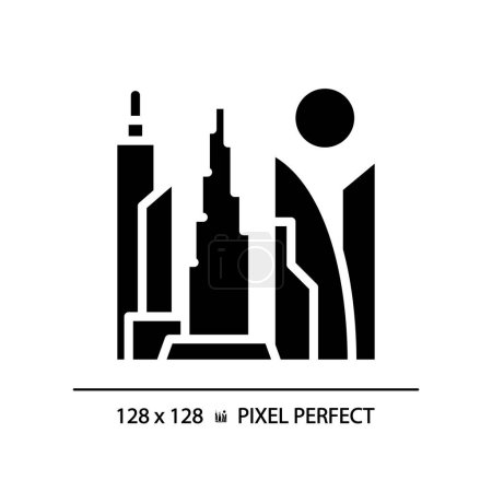 Ilustración de Dubai rascacielos icono moderno glifo negro. Isla artificial, torre retorcida, monumentos famosos. Resort estilo de vida de lujo. Símbolo de silueta en el espacio en blanco. Pictograma sólido. Ilustración aislada vectorial - Imagen libre de derechos