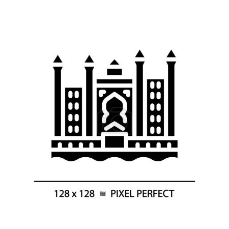 Illustration for Dubai resort complex black glyph icon. Skyscrapers luxury tourism. Magnificent royal landmark. Uae hotel seaside. Silhouette symbol on white space. Solid pictogram. Vector isolated illustration - Royalty Free Image