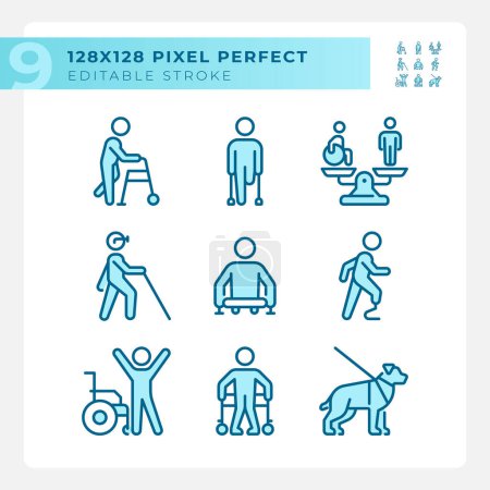 People with amputation light blue icons. Prosthetic limb, special needs. Equality and diversity. RGB color. Website icons set. Simple design element. Contour drawing. Line illustration