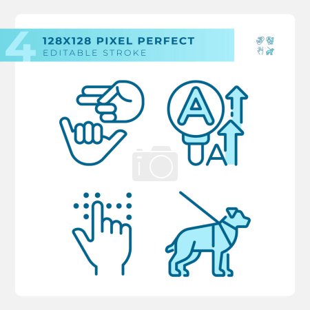 Accessibility for sensory disabilities light blue icons. Nonverbal communication. Deafness support service. RGB color. Website icons set. Simple design element. Contour drawing. Line illustration