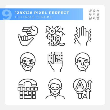 Neurology disease linear icons set. Deaf nonverbal communication. Face paralysis, genetic disorder. Customizable thin line symbols. Isolated vector outline illustrations. Editable stroke