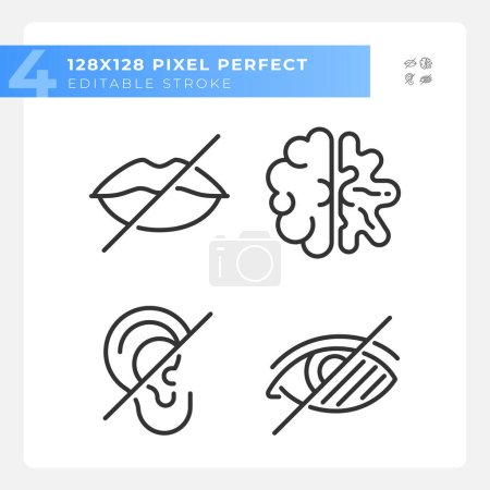 People with sensory impairment linear icons set. Deafness, blindness, intellectual disability. Customizable thin line symbols. Isolated vector outline illustrations. Editable stroke