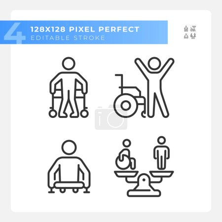 Injury recovery linear icons set. Equality and diversity. Leg amputation, physiotherapy treatment. Customizable thin line symbols. Isolated vector outline illustrations. Editable stroke
