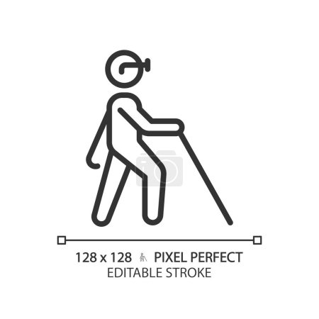Blind with cane linear icon. Vision loss, walking stick. Disabled person, medical condition. Blindness diagnose. Thin line illustration. Contour symbol. Vector outline drawing. Editable stroke