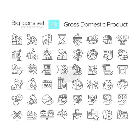 Gross domestic product linear icons set. Economy growth. Purchasing power. National economy consumption. Customizable thin line symbols. Isolated vector outline illustrations. Editable stroke