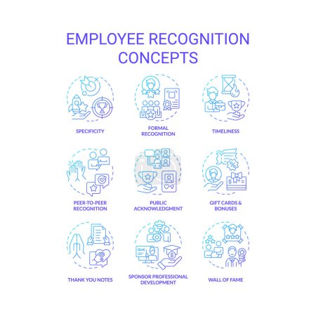 Illustration for Employee recognition blue gradient concept icons. Team member appreciation. Workplace culture. Worker encouragement. Icon pack. Vector images. Round shape illustrations. Abstract idea - Royalty Free Image