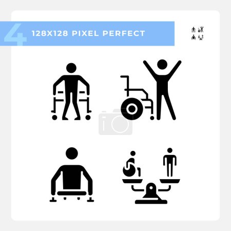 Injury recovery black glyph icons set on white space. Equality and diversity. Leg amputation, physiotherapy treatment. Silhouette symbols. Solid pictogram pack. Vector isolated illustration