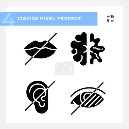 People with sensory impairment black glyph icons set on white space. Deafness, blindness, intellectual disability. Silhouette symbols. Solid pictogram pack. Vector isolated illustration