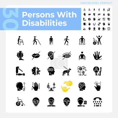 People with disabilities black glyph icons set on white space. Intellectual disability, neurology illness. Genetic disorder. Silhouette symbols. Solid pictogram pack. Vector isolated illustration