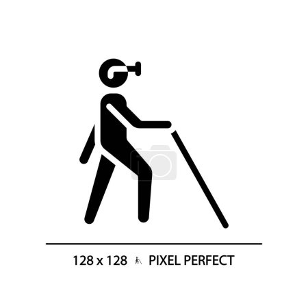 Blind with cane black glyph icon. Vision loss, walking stick. Disabled person, medical condition. Blindness diagnose. Silhouette symbol on white space. Solid pictogram. Vector isolated illustration