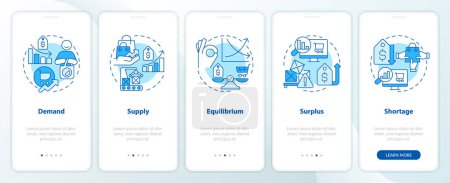 Market economic blue onboarding mobile app screen. Law of supply and demand walkthrough 5 steps graphic instructions with linear concepts. UI, UX, GUI template. Myriad Pro-Bold, Regular fonts used