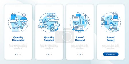 Demand and supply keys blue onboarding mobile app screen. Quantity market walkthrough 4 steps graphic instructions with linear concepts. UI, UX, GUI template. Myriad Pro-Bold, Regular fonts used