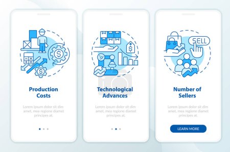 Production advanced blue onboarding mobile app screen. Supply law walkthrough 3 steps editable graphic instructions with linear concepts. UI, UX, GUI template. Myriad Pro-Bold, Regular fonts used