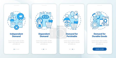 Illustration for Demands analytics blue onboarding mobile app screen. Demands type walkthrough 4 steps editable graphic instructions with linear concepts. UI, UX, GUI template. Myriad Pro-Bold, Regular fonts used - Royalty Free Image