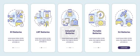 Battery types onboarding mobile app screen. Energy transition. Walkthrough 5 steps editable graphic instructions with linear concepts. UI, UX, GUI template. Myriad Pro-Bold, Regular fonts used