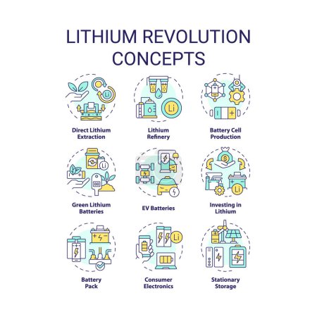 Icônes de concept multi couleur de révolution au lithium. Fabrication de piles, facilité d'utilisation. Solution énergétique d'efficacité. Pack d'icônes. Images vectorielles. Illustrations de forme ronde pour brochure, livret. Idée abstraite