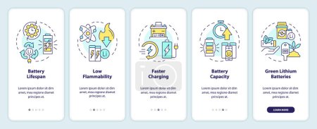 Lithium-ion batteries aspects onboarding mobile app screen. Walkthrough 5 steps editable graphic instructions with linear concepts. UI, UX, GUI template. Myriad Pro-Bold, Regular fonts used