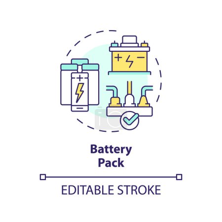 Téléchargez les illustrations : Pack de batterie multi icône de concept de couleur. Dispositif de stockage à haute densité énergétique. Électronique portable. Illustration de forme ronde. Idée abstraite. Conception graphique. Facile à utiliser dans la brochure, livret - en licence libre de droit