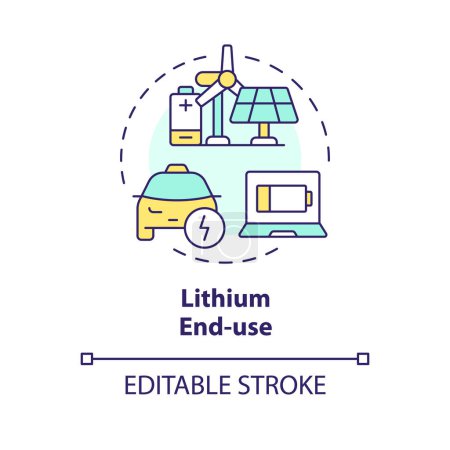 Lithium end-use multi color concept icon. Consumer electronics, portable. Electric vehicle charging. Round shape line illustration. Abstract idea. Graphic design. Easy to use in brochure, booklet
