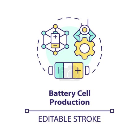 Producción de celdas de batería icono concepto multicolor. Industria del litio. Fabricación de electrónica portátil. Ilustración de línea de forma redonda. Una idea abstracta. Diseño gráfico. Fácil de usar en folleto, folleto