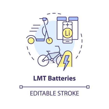 LMT baterías icono concepto multicolor. Electrónica de consumo portátil. Sistemas avanzados de almacenamiento de energía. Ilustración de línea de forma redonda. Una idea abstracta. Diseño gráfico. Fácil de usar en folleto, folleto