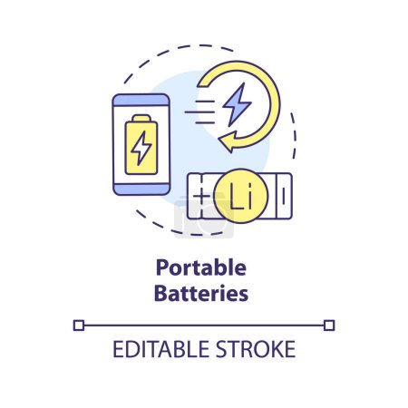 Batteries portables multi couleur icône concept. Électronique grand public. Révolution du lithium, charge rapide. Illustration de forme ronde. Idée abstraite. Conception graphique. Facile à utiliser dans la brochure, livret