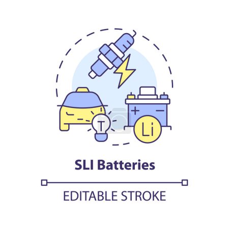 SLI-Akkus mehrfarbiges Konzept-Symbol. Nachhaltigkeit von Akkumulatoren. Elektrofahrzeuge. Lebensdauer der Batterie. Abbildung der runden Formlinie. Abstrakte Idee. Grafikdesign. Einfache Handhabung in Broschüre, Broschüre