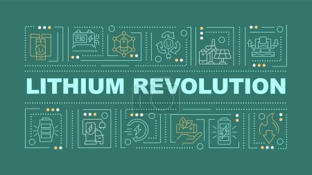 Lithium revolution green word concept. Ecofriendly power supply, Typography banner. Flat design. Vector illustration with title text, editable line icons. Ready to use. Arial Black font used