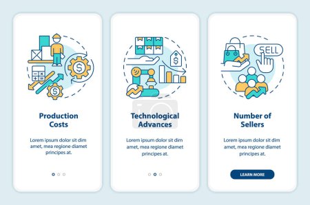Production advanced onboarding mobile app screen. Supply determinants walkthrough 3 steps editable graphic instructions with linear concepts. UI, UX, GUI template. Myriad Pro-Bold, Regular fonts used