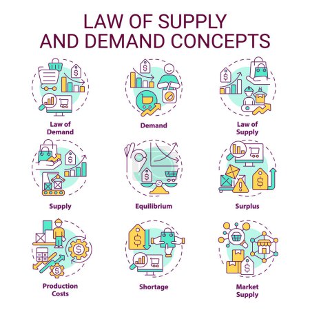Law of supply multi color concept icons. Price, quantity of goods, services in market. Supply and demand. Icon pack. Vector images. Round shape illustrations for brochures in marketing. Abstract idea