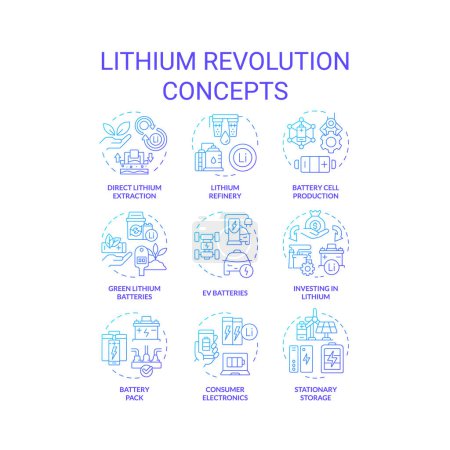 Iconos de concepto de gradiente azul revolución de litio. Fabricación de baterías, usabilidad. Solución energética de eficiencia. Paquete de iconos. Imágenes vectoriales. Ilustraciones de forma redonda para folleto, folleto. Idea abstracta
