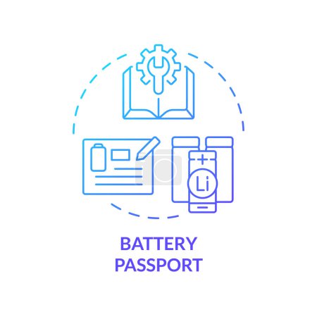 Pasaporte de la batería azul gradiente icono concepto. Regulación industrial. Protección del consumidor, seguridad del producto. Ilustración de línea de forma redonda. Una idea abstracta. Diseño gráfico. Fácil de usar en folleto, folleto