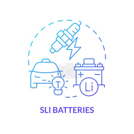 SLI baterías azul gradiente icono concepto. Sostenibilidad del acumulador. Vehículo eléctrico. Duración de la batería. Ilustración de línea de forma redonda. Una idea abstracta. Diseño gráfico. Fácil de usar en folleto