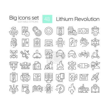 Lithium revolution linear icons set. Advanced battery systems. Aerospace power supply. Energy transition. Customizable thin line symbols. Isolated vector outline illustrations. Editable stroke