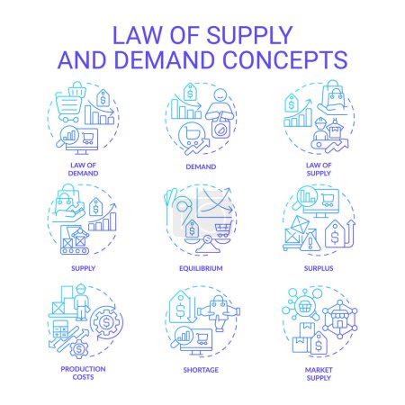 Law of supply blue gradient concept icons. Price, quantity of goods, service in market. Supply and demand. Icon pack. Vector images. Round shape illustrations for brochures in marketing. Abstract idea