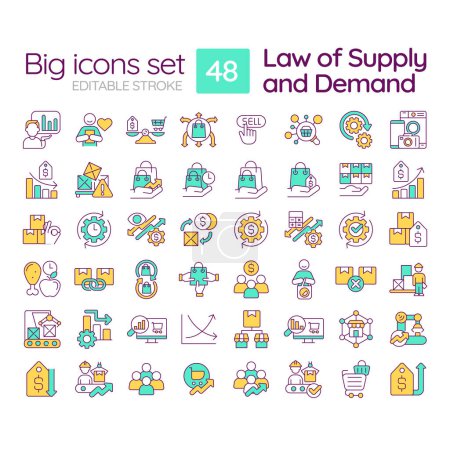 Law of supply and demand RGB color icons set. Price and quantity of goods and services in market. Isolated vector illustrations. Simple filled line drawings collection. Editable stroke
