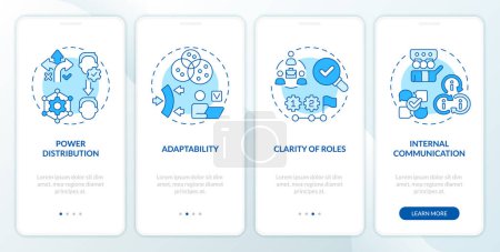 Illustration for Holacracy benefits blue onboarding mobile app screen. Distribute roles walkthrough 4 steps editable graphic instructions with linear concepts. UI, UX, GUI template. Myriad Pro-Bold, Regular fonts used - Royalty Free Image