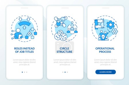 Holacracy elements blue onboarding mobile app screen. Governance walkthrough 3 steps editable graphic instructions with linear concepts. UI, UX, GUI template. Myriad Pro-Bold, Regular fonts used
