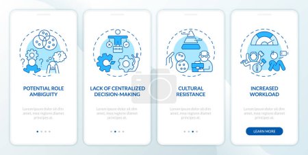 Holacracy challenges blue onboarding mobile app screen. Management walkthrough 4 steps editable graphic instructions with linear concepts. UI, UX, GUI template. Myriad Pro-Bold, Regular fonts used
