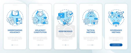 Strategy implementing blue onboarding mobile app screen. Holacracy walkthrough 5 steps editable graphic instructions with linear concepts. UI, UX, GUI template. Myriad Pro-Bold, Regular fonts used