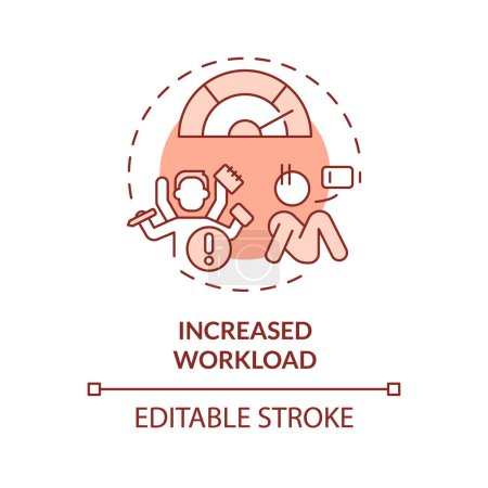 Aumento de la carga de trabajo icono concepto rojo. Alto nivel de estrés debido al trabajo. Multitarea, agotamiento. Ilustración de línea de forma redonda. Una idea abstracta. Diseño gráfico. Fácil de usar en material promocional