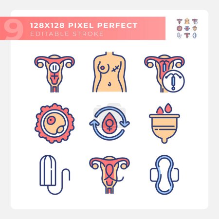 Female reproductive health RGB color icons set. Gynecological diseases, cancer. Menstrual hygiene products. Isolated vector illustrations. Simple filled line drawings collection. Editable stroke